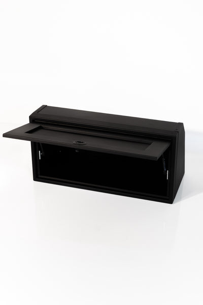 Black 30-inch wide aluminum angled upper Van Wife Components cabinet with a single shaker-style door & flush slam latch 