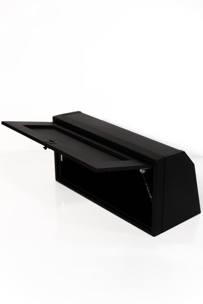 Black 30-inch wide aluminum angled upper Van Wife Components cabinet with a single shaker-style door & flush slam latch 