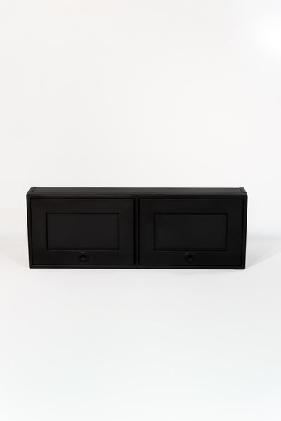 Black 42-inch wide aluminum angled upper Van Wife Components cabinet with two shaker-style doors & flush slam latches
