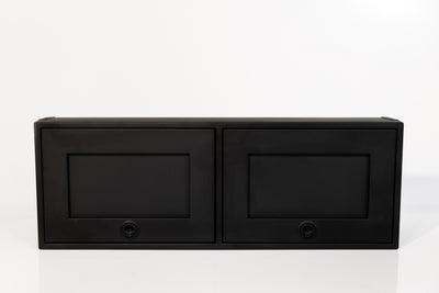 Black 42-inch wide aluminum angled upper Van Wife Components cabinet with two shaker-style doors & flush slam latches
