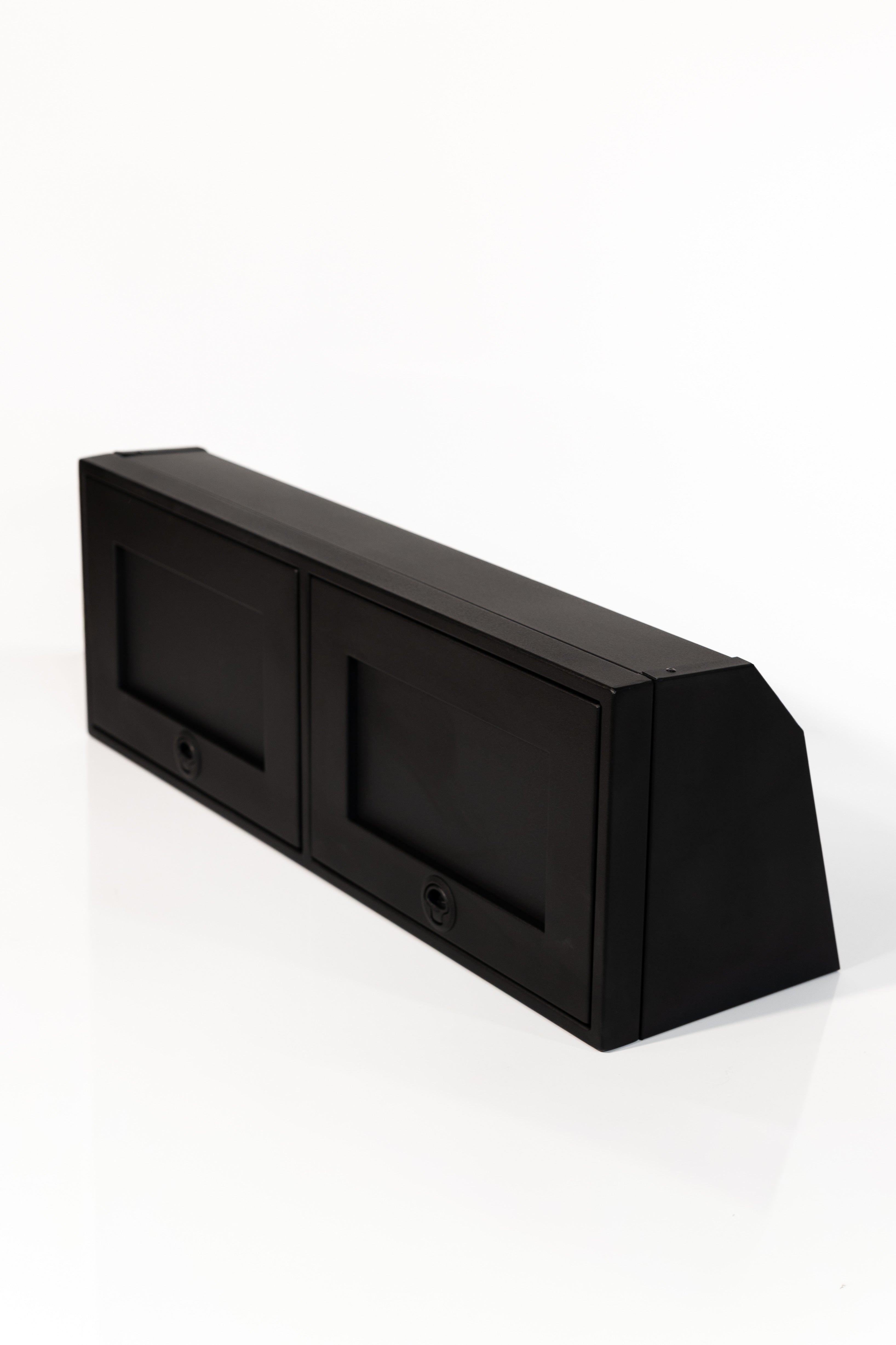 Black 42-inch wide aluminum angled upper Van Wife Components cabinet with two shaker-style doors & flush slam latches