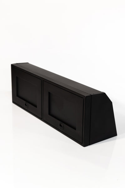 Black 42-inch wide aluminum angled upper Van Wife Components cabinet with two shaker-style doors & flush slam latches