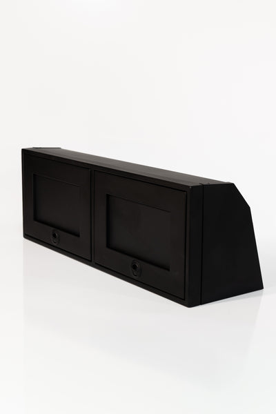 Black 42-inch wide aluminum angled upper Van Wife Components cabinet with two shaker-style doors & flush slam latches