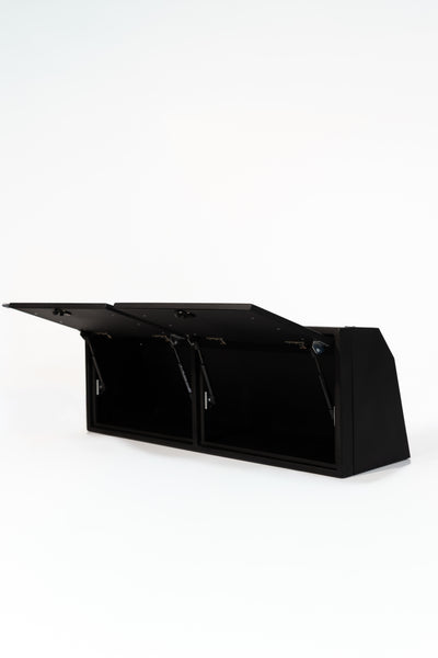 Black 42-inch wide aluminum angled upper Van Wife Components cabinet with two shaker-style doors & flush slam latches