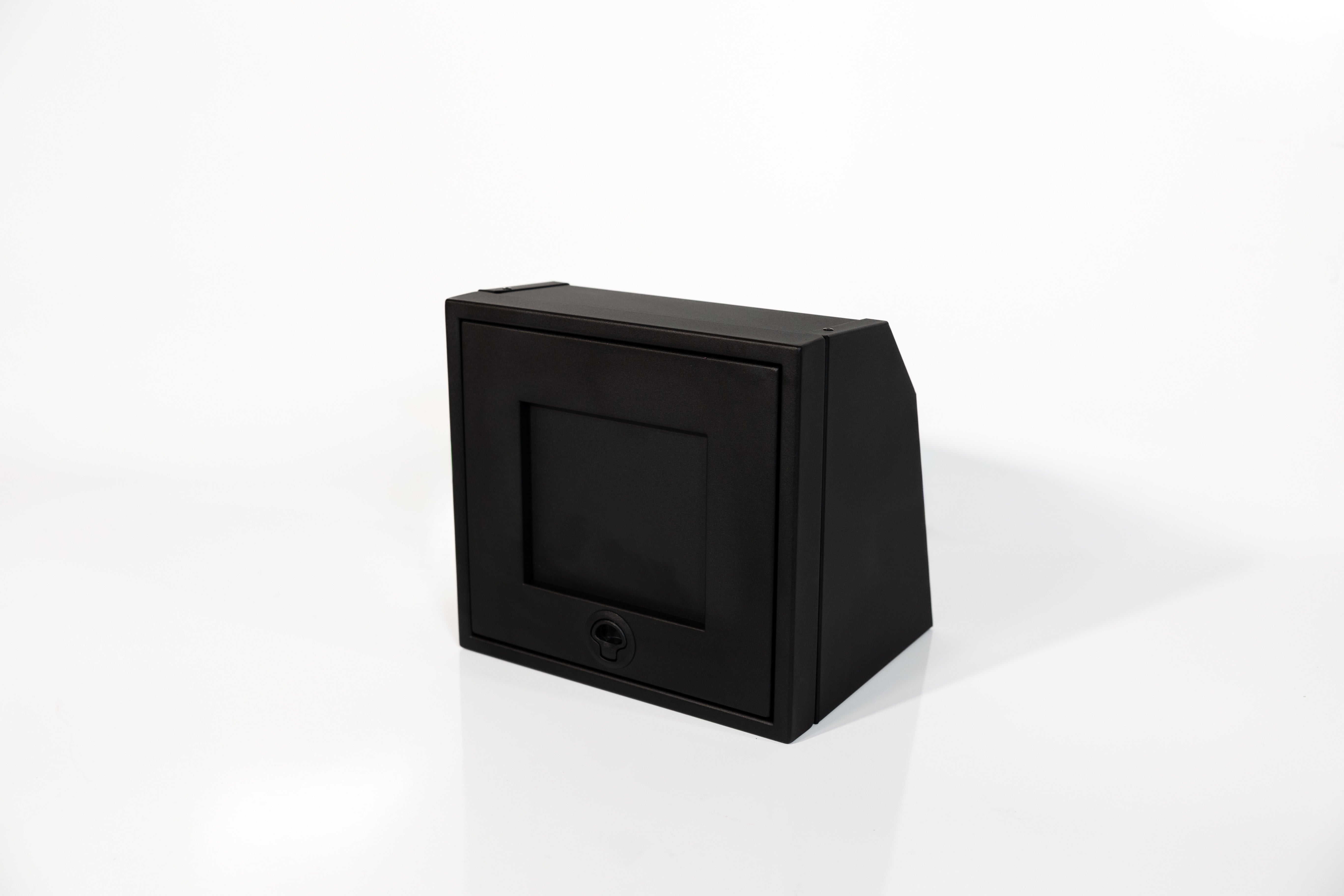 Black 16-inch wide aluminum angled upper Van Wife Components cabinet with a single shaker-style door & flush slam latch 