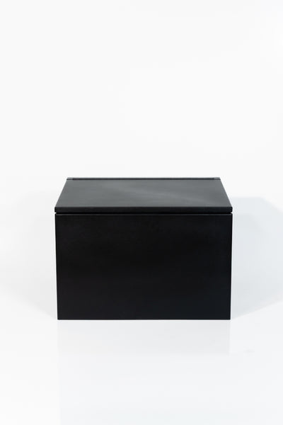 Black 24" x 22” x 16” aluminum storage bench with flip-top lid 
