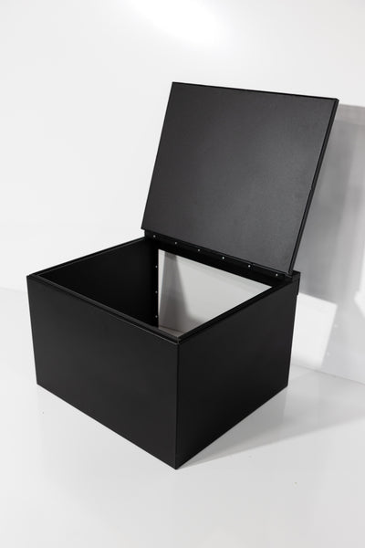 Black 24" x 22” x 16” aluminum storage bench with flip-top lid 
