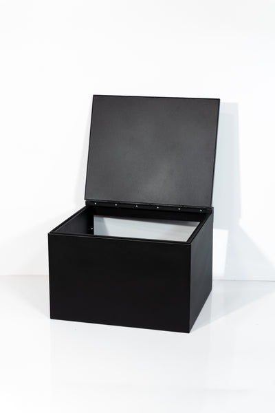 Black 24" x 22” x 16” aluminum storage bench with flip-top lid 

