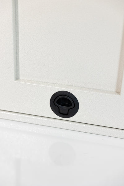 Sandstone 16-inch wide aluminum angled upper Van Wife Components cabinet with a single shaker-style door & flush slam latch 