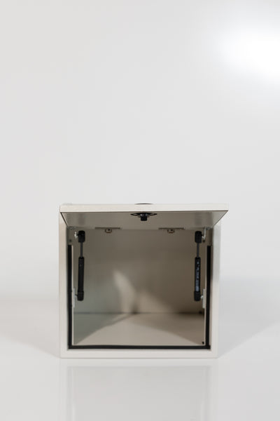 Sandstone 16-inch wide aluminum angled upper Van Wife Components cabinet with a single shaker-style door & flush slam latch 