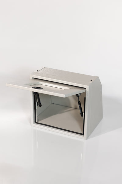Sandstone 16-inch wide aluminum angled upper Van Wife Components cabinet with a single shaker-style door & flush slam latch 