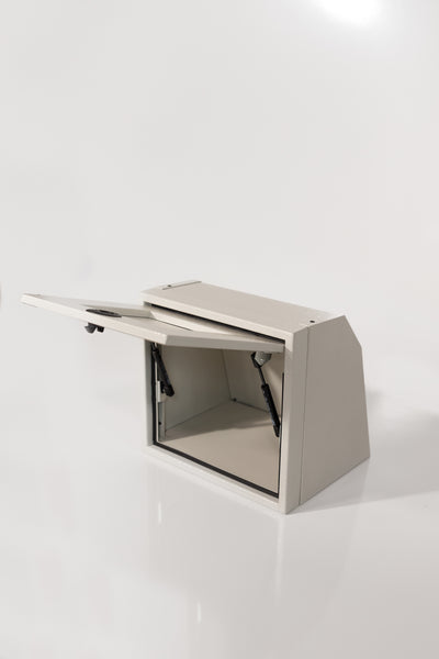 Sandstone 16-inch wide aluminum angled upper Van Wife Components cabinet with a single shaker-style door & flush slam latch 