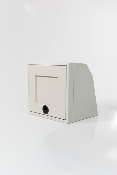 Sandstone 16-inch wide aluminum angled upper Van Wife Components cabinet with a single shaker-style door & flush slam latch 