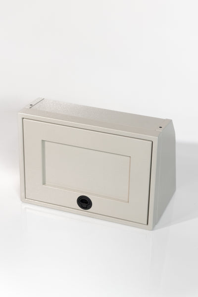 Sandstone 21-inch wide aluminum angled upper Van Wife Components cabinet with a single shaker-style door & flush slam latch 