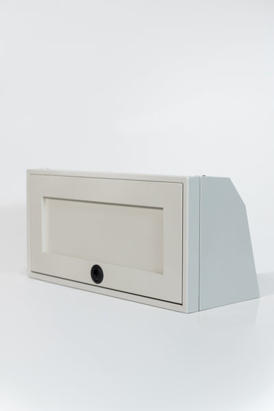 Sandstone 30-inch wide aluminum angled upper Van Wife Components cabinet with a single shaker-style door & flush slam latch 
