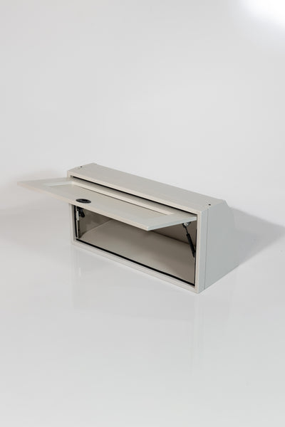 Sandstone 30-inch wide aluminum angled upper Van Wife Components cabinet with a single shaker-style door & flush slam latch 