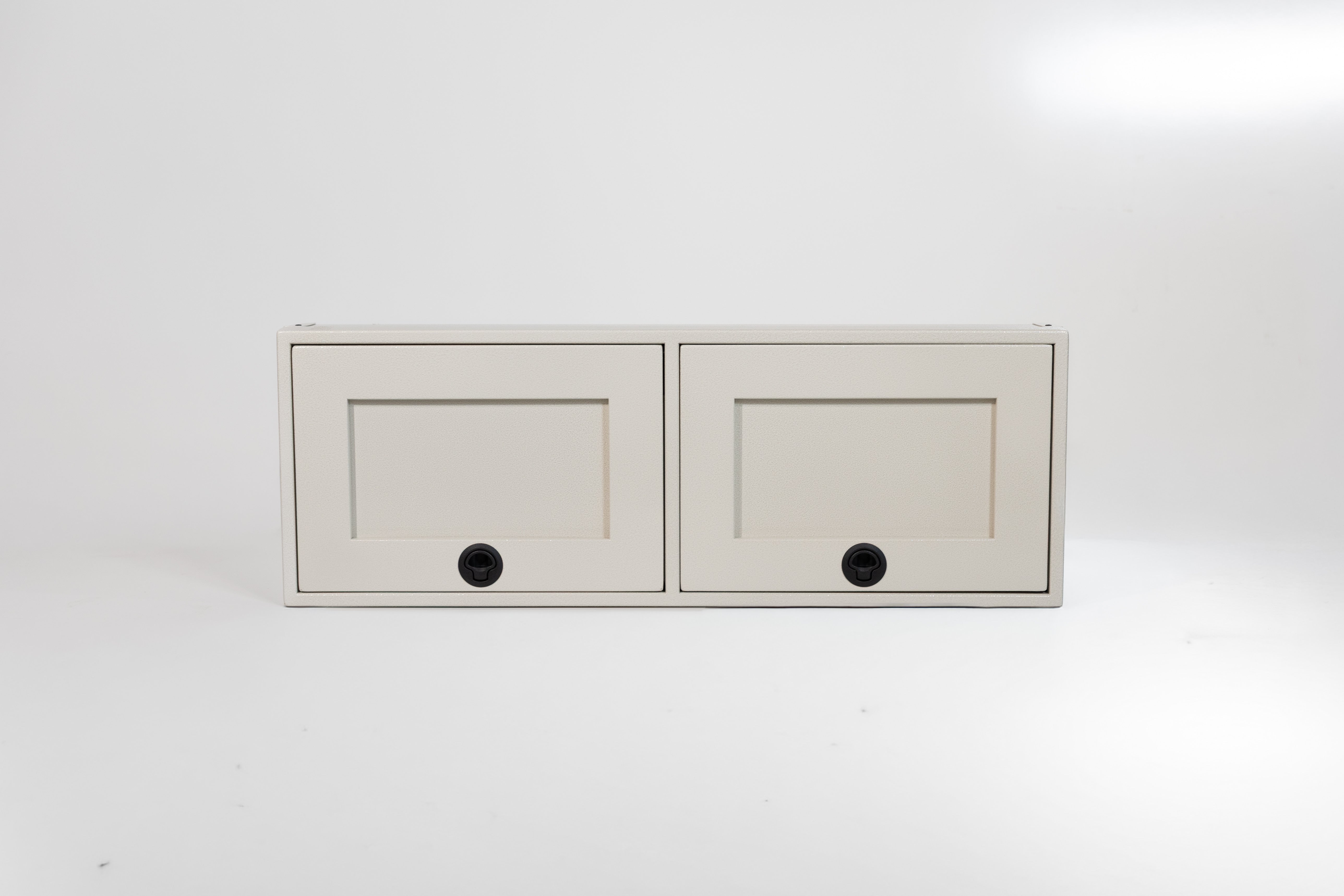 White 42-inch wide aluminum angled upper Van Wife Components cabinet with two shaker-style doors & flush slam latches