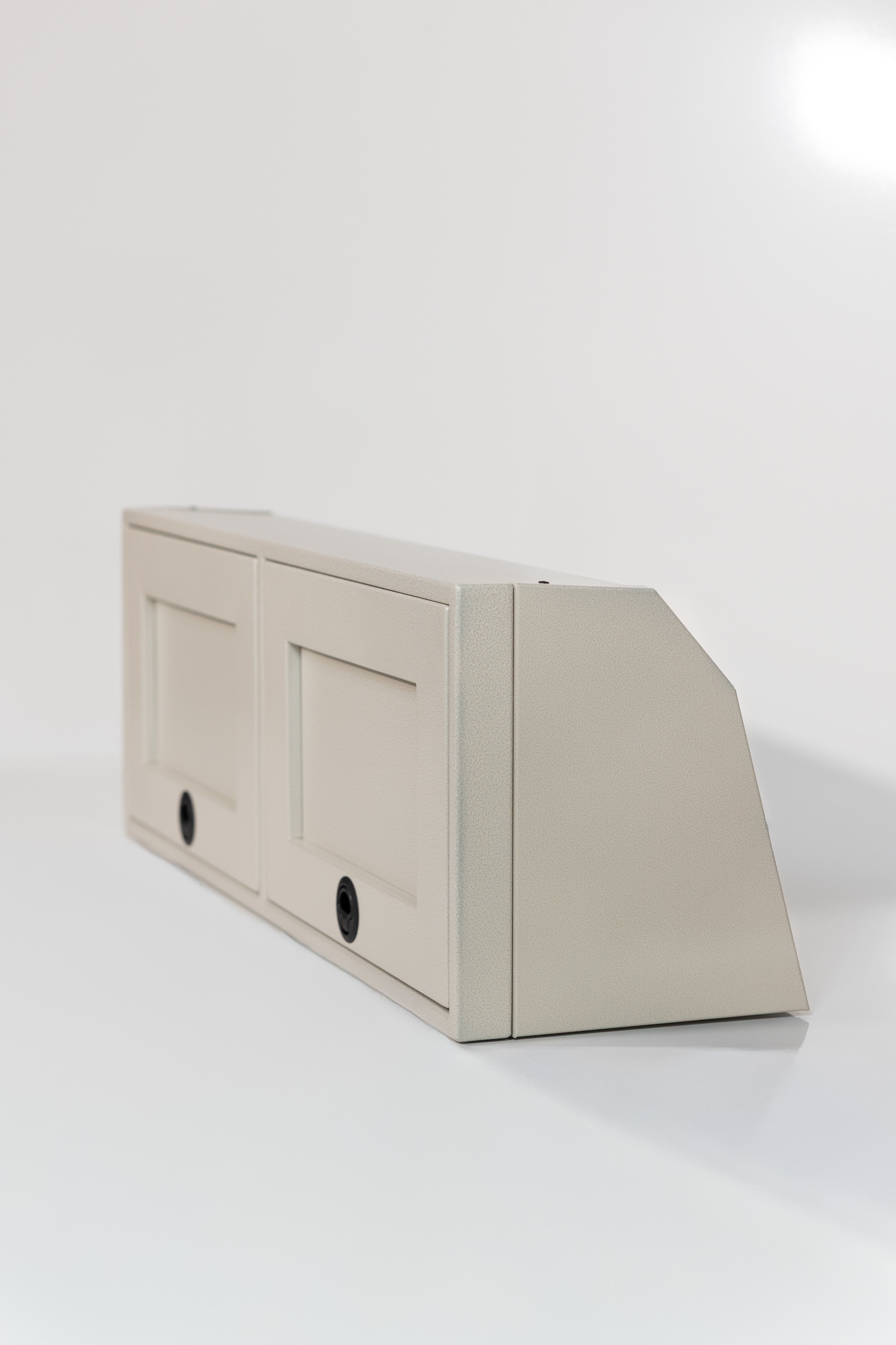 White 42-inch wide aluminum angled upper Van Wife Components cabinet with two shaker-style doors & flush slam latches