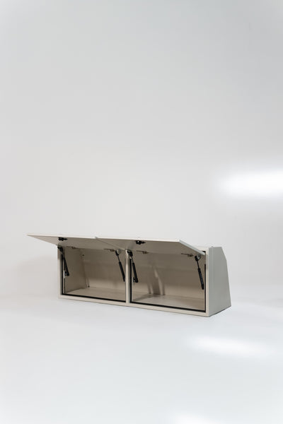 White 42-inch wide aluminum angled upper Van Wife Components cabinet with two shaker-style doors & flush slam latches