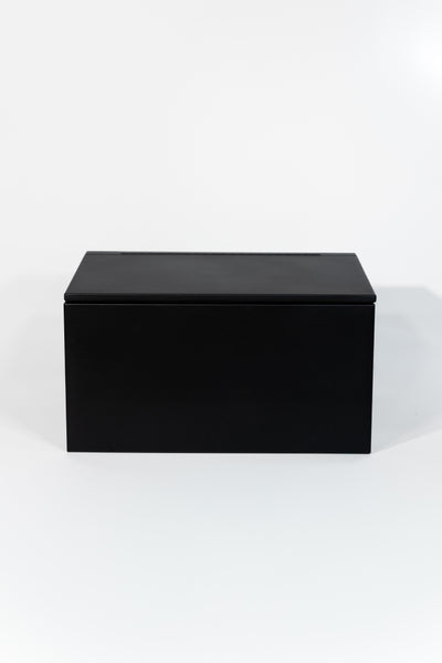 Black 30" x 22” x 16” aluminum storage bench with flip-top lid 
