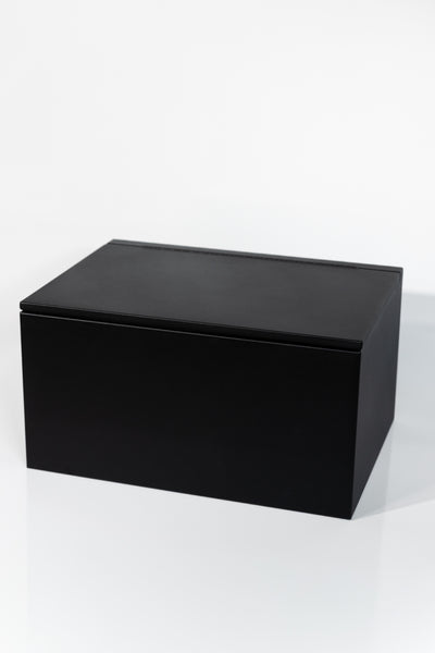 Black 30" x 22” x 16” aluminum storage bench with flip-top lid 
