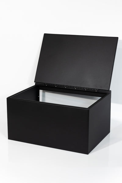 Black 30" x 22” x 16” aluminum storage bench with flip-top lid 
