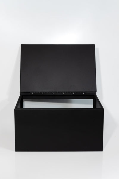 Black 30" x 22” x 16” aluminum storage bench with flip-top lid 
