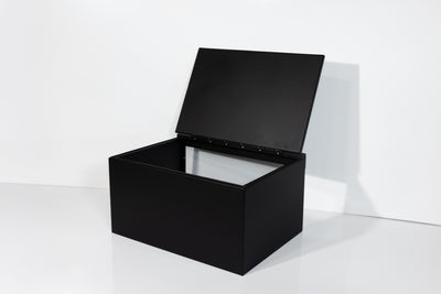 Black 30" x 22” x 16” aluminum storage bench with flip-top lid 

