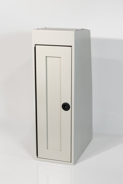 White 12-inch wide vertical aluminum upper van closet showing a single shaker-style door with flush slam latch 