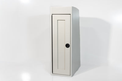 White 12-inch wide vertical aluminum upper van closet showing a single shaker-style door with flush slam latch 