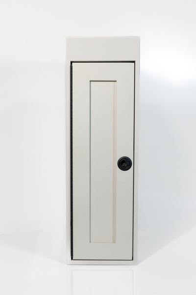 White 12-inch wide vertical aluminum upper van closet showing a single shaker-style door with flush slam latch 