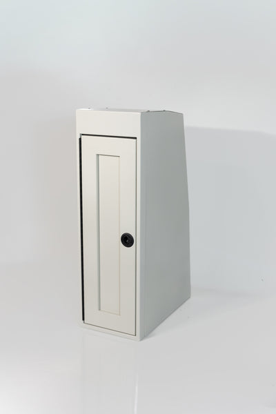 White 12-inch wide vertical aluminum upper van closet showing a single shaker-style door with flush slam latch 