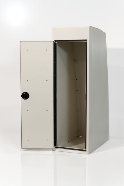 White 12-inch wide vertical aluminum upper van closet showing a single shaker-style door with flush slam latch 