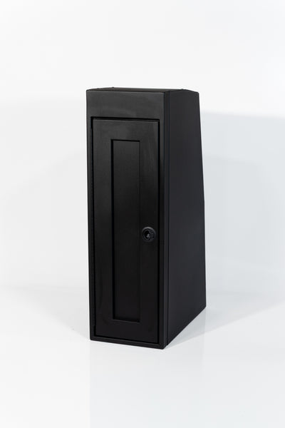 Black 12-inch wide vertical aluminum upper van closet showing a single shaker-style door with flush slam latch 