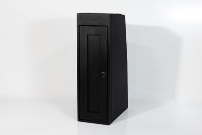 Black 12-inch wide vertical aluminum upper van closet showing a single shaker-style door with flush slam latch 
