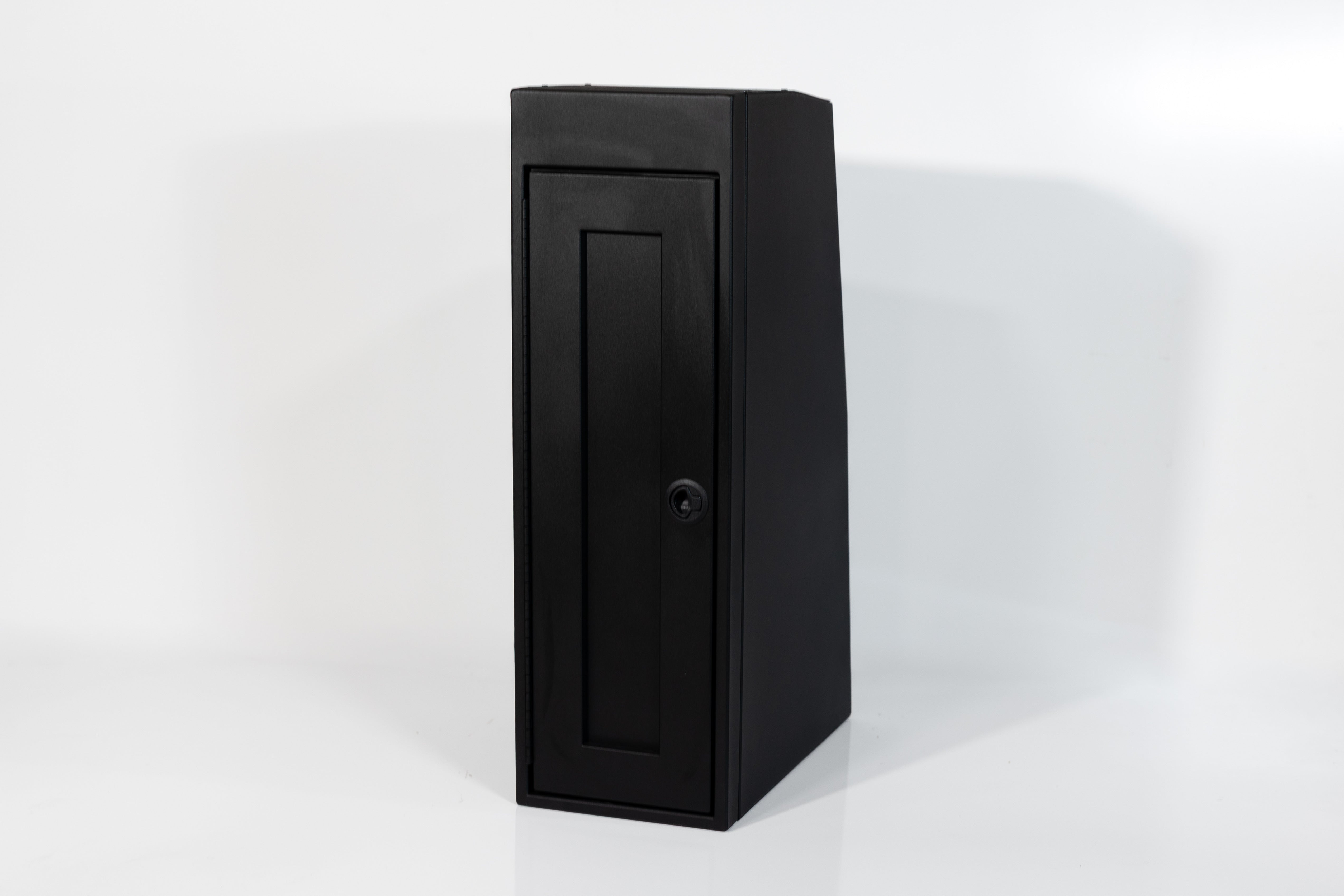 Black 12-inch wide vertical aluminum upper van closet showing a single shaker-style door with flush slam latch 