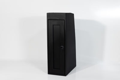 Black 12-inch wide vertical aluminum upper van closet showing a single shaker-style door with flush slam latch 