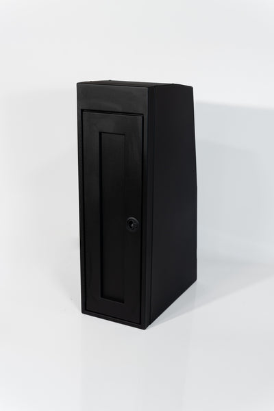 Black 12-inch wide vertical aluminum upper van closet showing a single shaker-style door with flush slam latch 