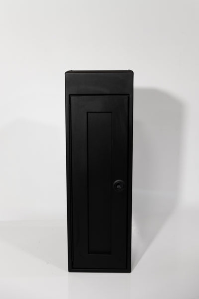 Black 12-inch wide vertical aluminum upper van closet showing a single shaker-style door with flush slam latch 