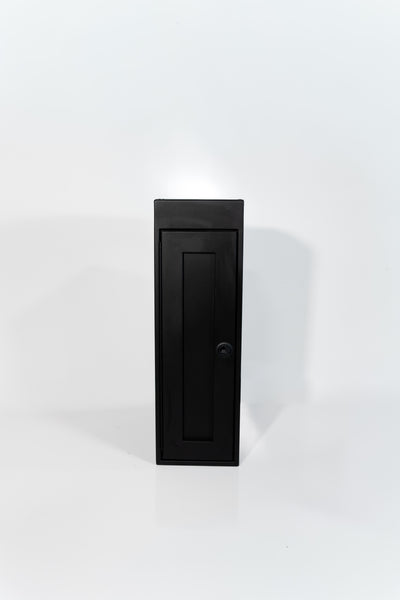 Black 12-inch wide vertical aluminum upper van closet showing a single shaker-style door with flush slam latch 