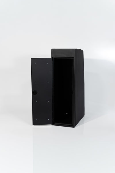Black 12-inch wide vertical aluminum upper van closet showing a single shaker-style door with flush slam latch 