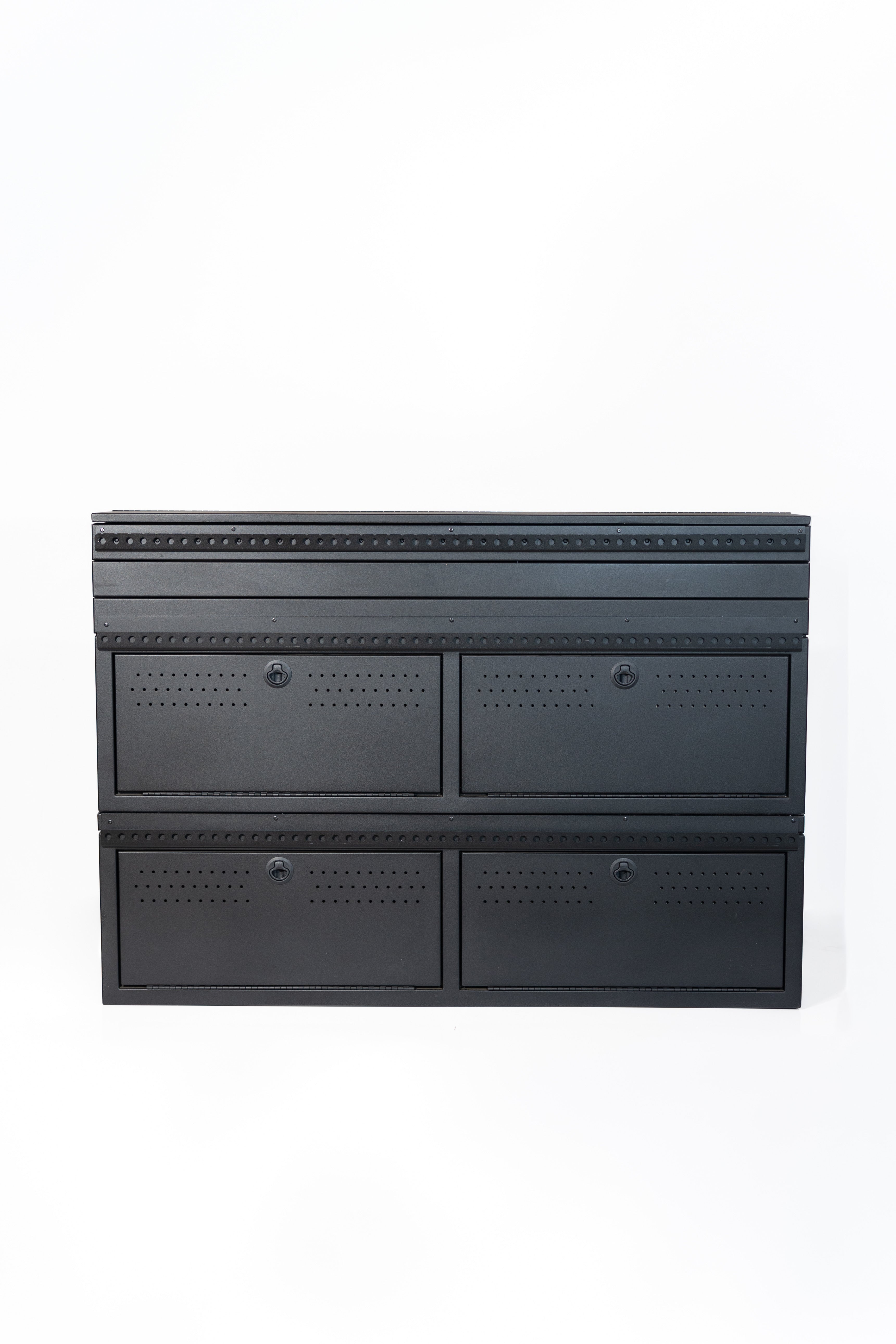 Fully assembled Black 12" wheel well covers - Stacked 2 levels high with optional risers, paired with hinged lid for a complete, finished look.
