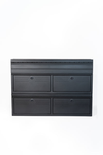 Fully assembled Black 12" wheel well covers - Stacked 2 levels high with optional risers, paired with hinged lid for a complete, finished look.
