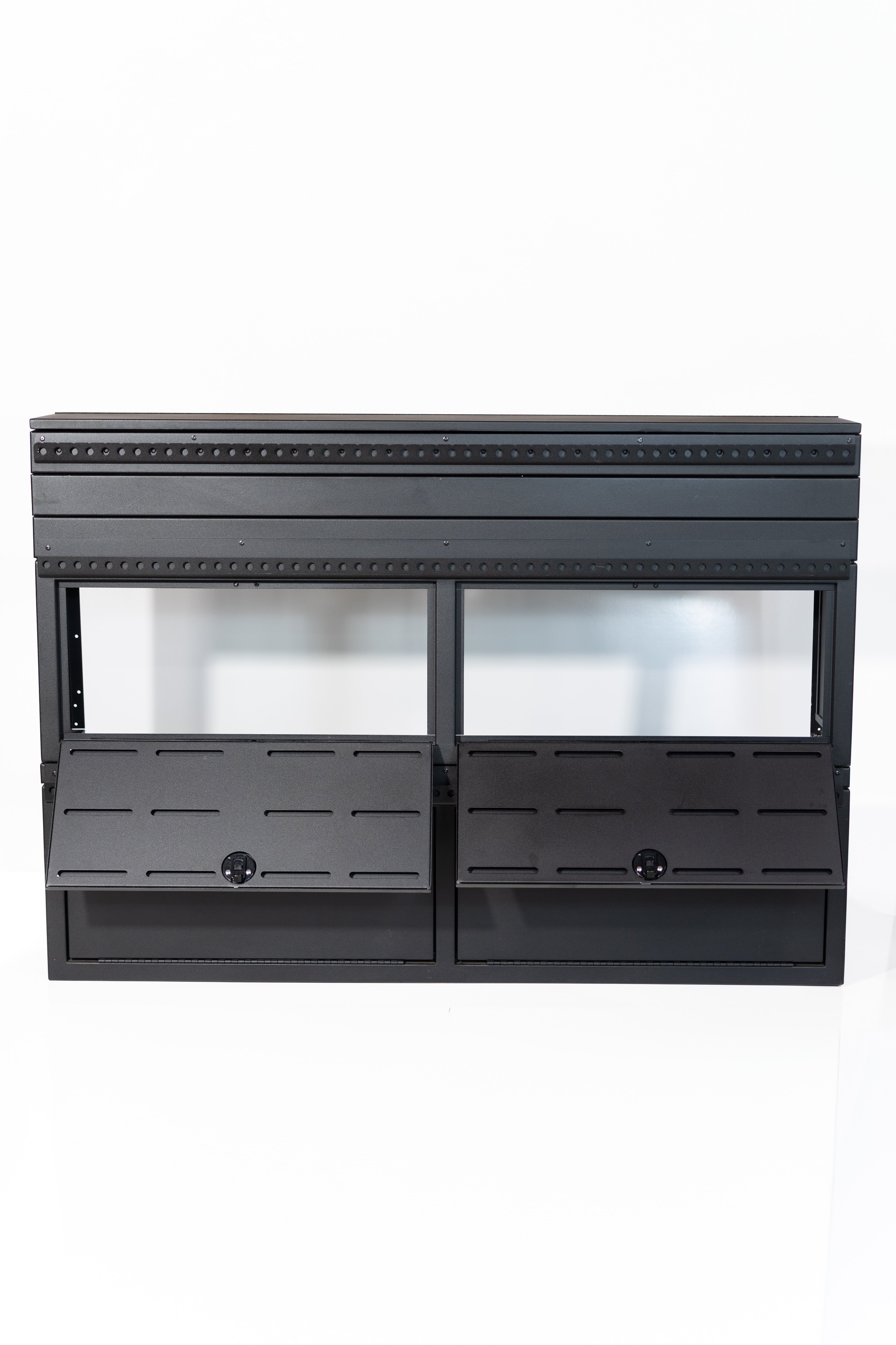 Fully assembled Black 12" wheel well covers - Stacked 2 levels high with optional risers, paired with hinged lid for a complete, finished look.

