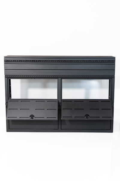 Fully assembled Black 12" wheel well covers - Stacked 2 levels high with optional risers, paired with hinged lid for a complete, finished look.
