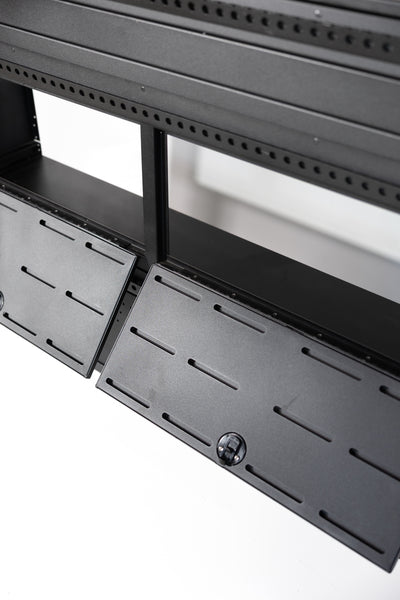 Fully assembled Black 12" wheel well covers - Stacked 2 levels high with optional risers, divider shelf, paired with hinged lid for a complete, finished look.
