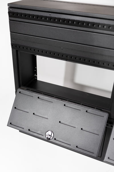 Fully assembled Black 12" wheel well covers - Stacked 2 levels high with optional risers, divider shelf, paired with hinged lid for a complete, finished look.
