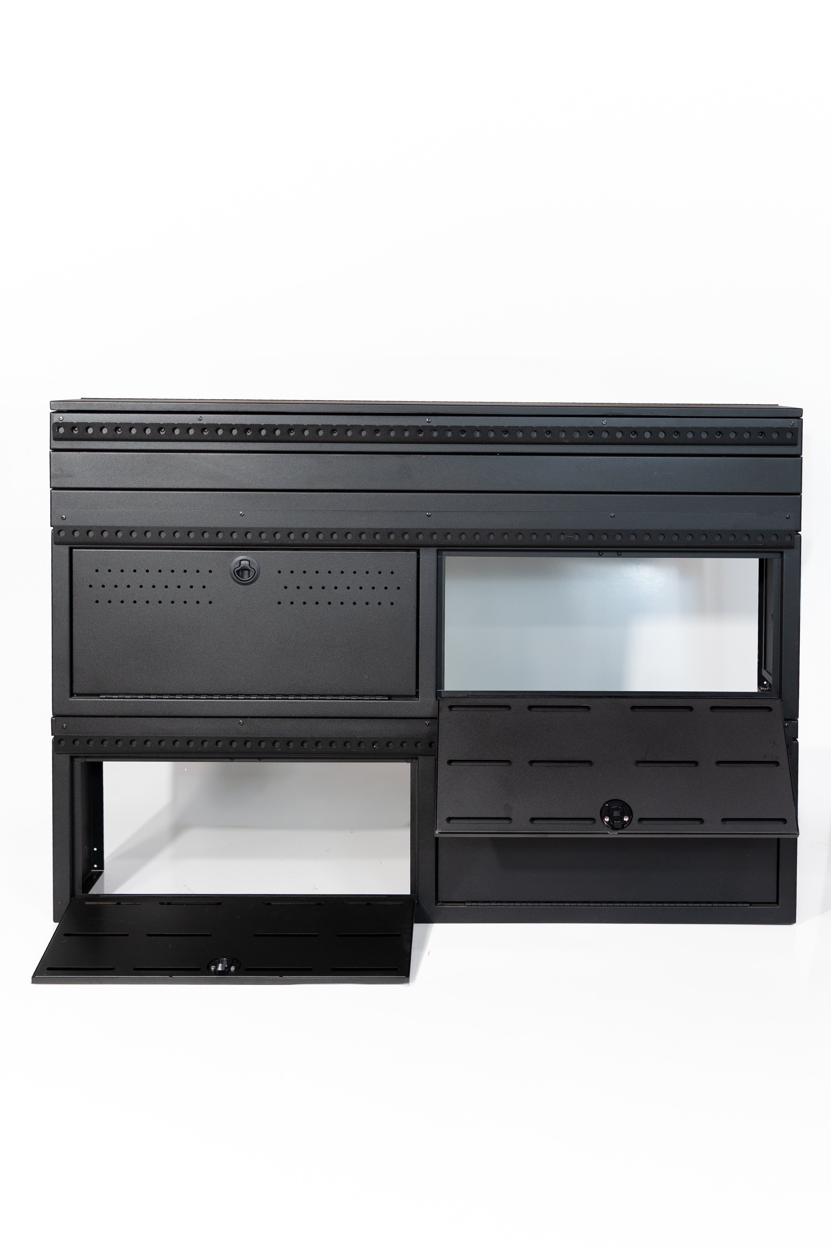 Fully assembled Black 12" wheel well covers - Stacked 2 levels high with optional risers, divider shelf, paired with hinged lid for a complete, finished look.
