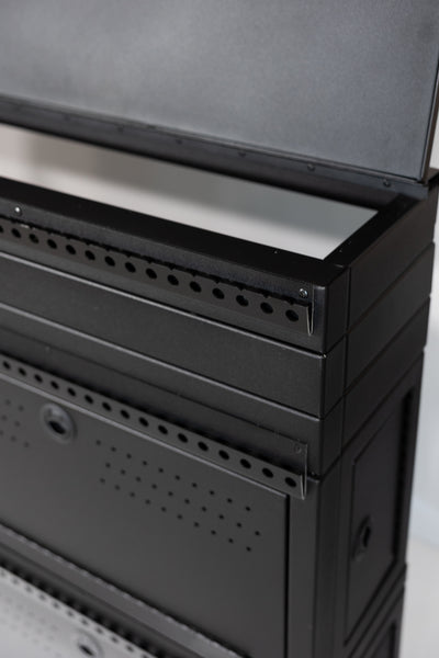 Fully assembled Black 12" wheel well covers - Stacked 2 levels high with optional risers, divider shelf, paired with hinged lid for a complete, finished look.
