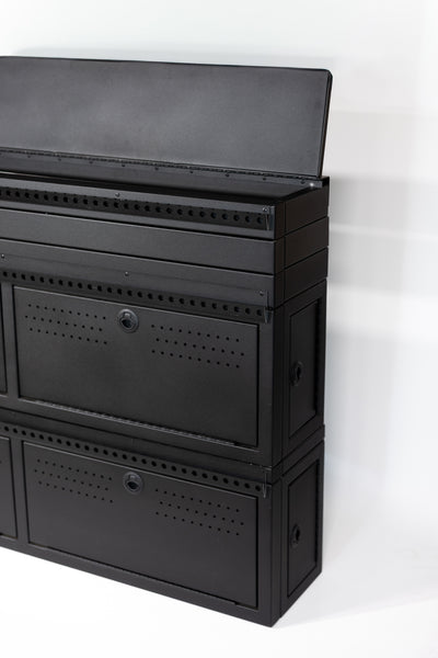 Fully assembled Black 12" wheel well covers - Stacked 2 levels high with optional risers, divider shelf, paired with hinged lid for a complete, finished look.
